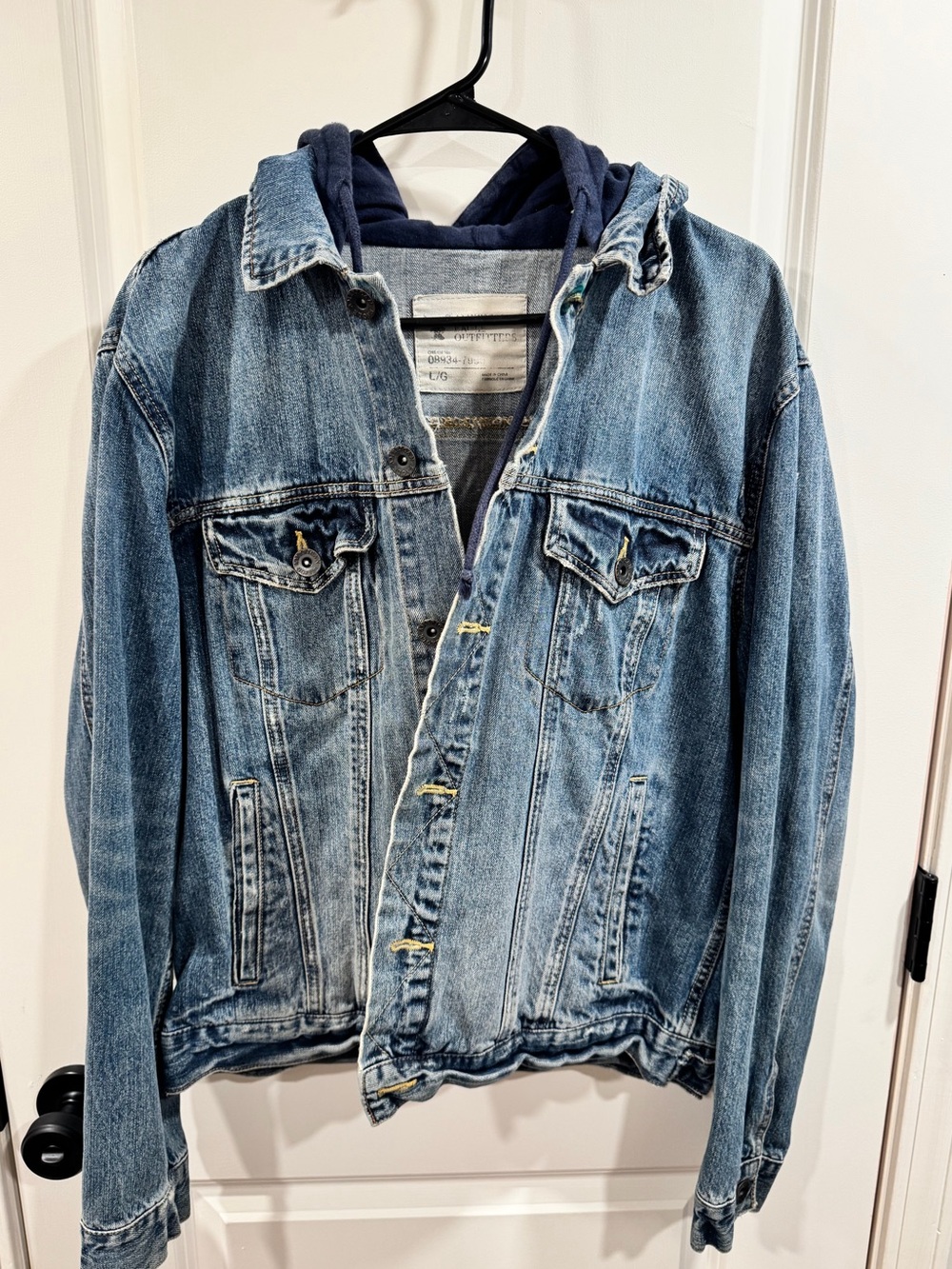 American Eagle Outfitters Light Blue Denim Jacket with Navy Hood